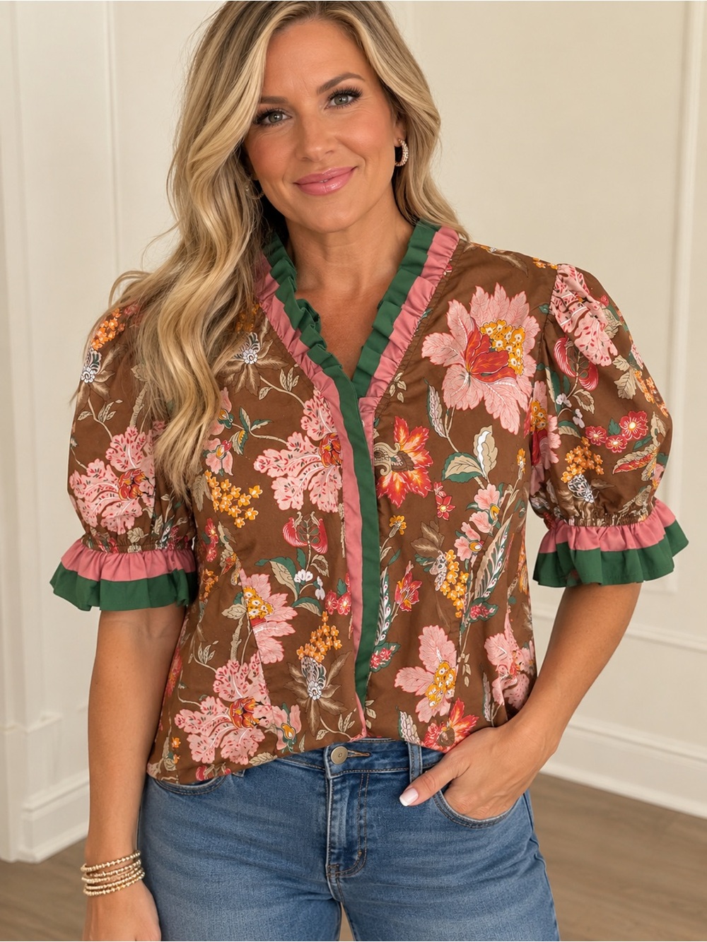 entro Brown Floral Ruffle-Trim Puff Sleeve Blouse with Pink & Green Accents